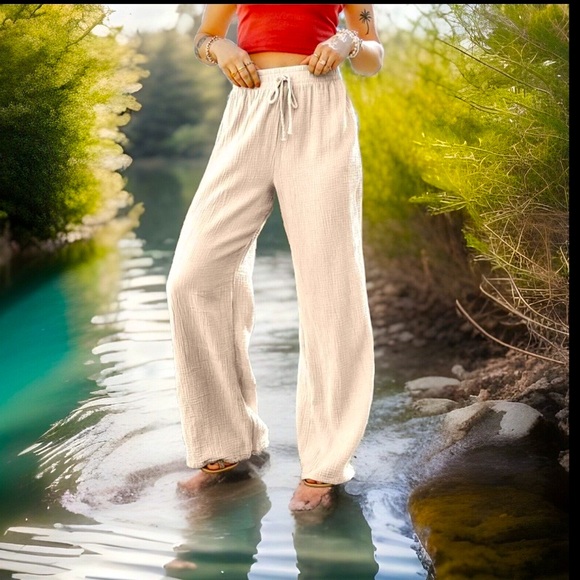 Linen Drawstring High Waisted Casual Loose Fit Wide Long Leg Stretchy Comfy Pant - Picture 5 of 16